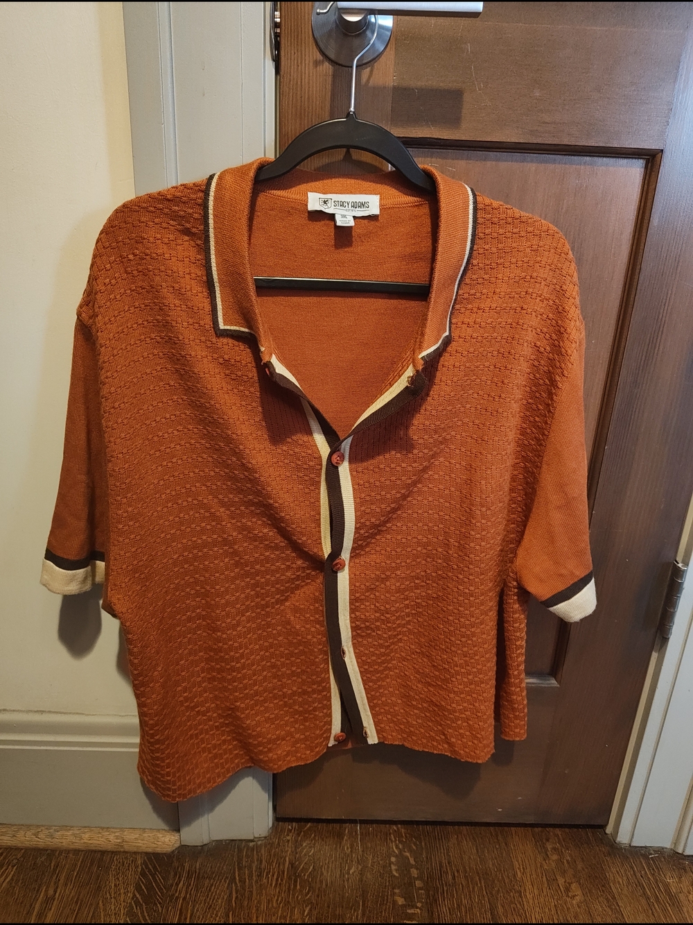 Stacy Adams Burnt Orange Short-Sleeve Button-Front Knit Top with Contrast Trim